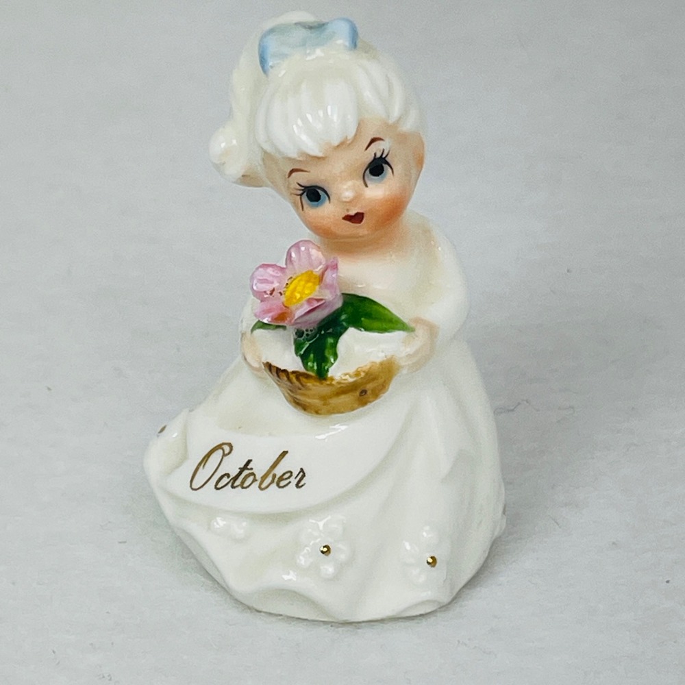 Vintage October Birthday Girl Figurine Ceramic Pink Flower Gold Accents White